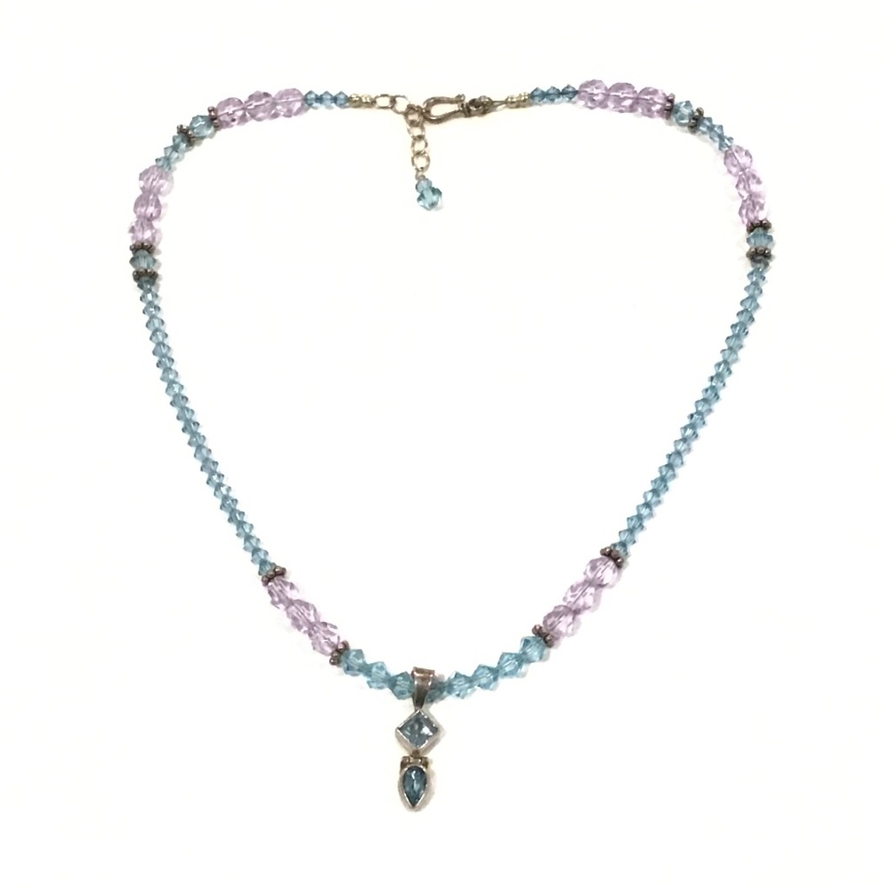 Sterling Silver Blue Stones Pendant Blue & Purple Crystal Beaded Necklace 19" L